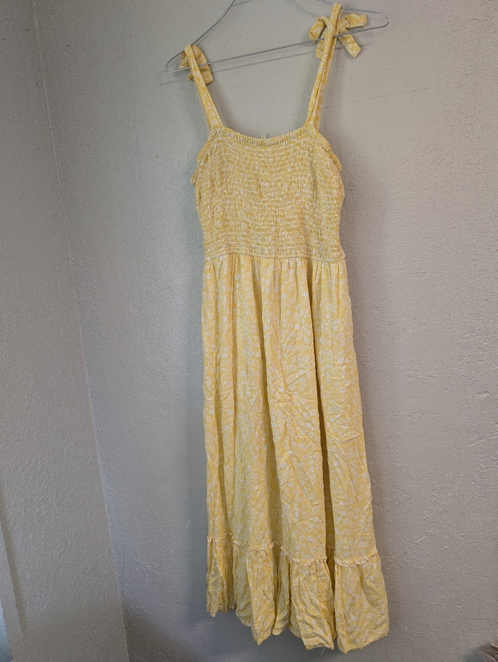 Yellow Smocked Maxi Sundress M Lined Bow Ruffle Floral Cottagecore Fairy Dainty